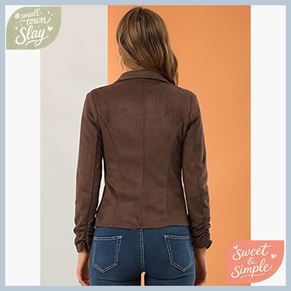 Faux Suede Blazer with Ruched Sleeves, Lapel Collar, Office Work Jacket - Picture 5 of 6